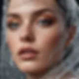 A close-up of a shimmering glitter veil draped elegantly over a fashion model's face, highlighting its intricate details.