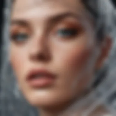 A close-up of a shimmering glitter veil draped elegantly over a fashion model's face, highlighting its intricate details.