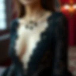 Elegant portrayal of a sexy goth dress featuring intricate lace detailing.