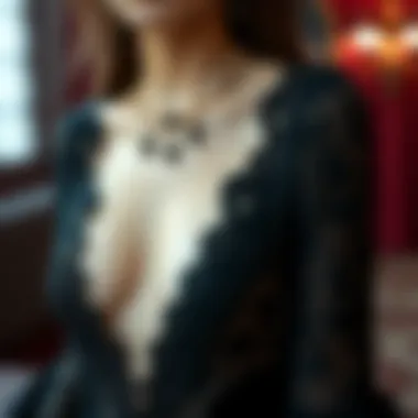 Elegant portrayal of a sexy goth dress featuring intricate lace detailing.