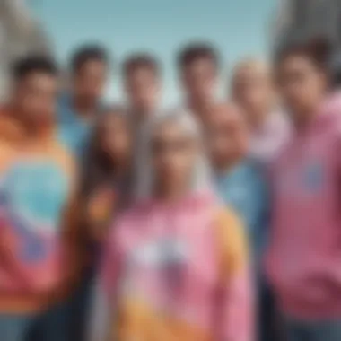 Group of diverse individuals dressed in tie dye anime hoodies