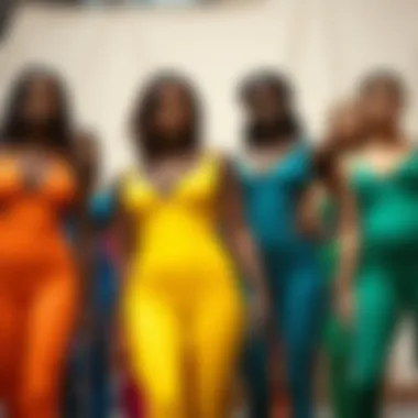 Diversity in Fabric Choices for Jumpsuits Colorful skin tight jumpsuits showcasing diverse fabric textures