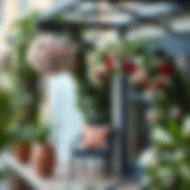 Outdoor Elegance with Floral Arrangements Outdoor space elegantly adorned with artificial floral swags