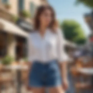 A chic white blouse paired with denim shorts in an outdoor cafe setting.