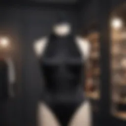 Elegant black halter top bodysuit displayed on a mannequin in a chic setting
