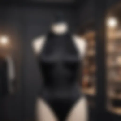 Elegant black halter top bodysuit displayed on a mannequin in a chic setting