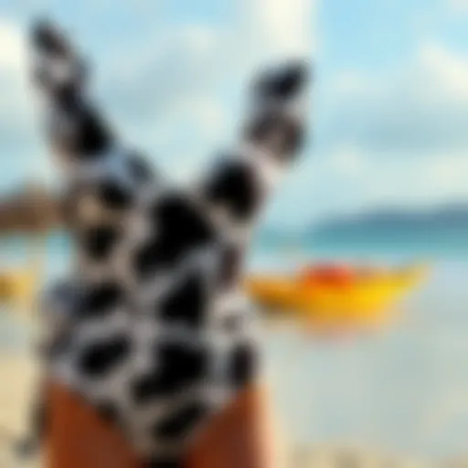 Stylish Cow Pattern Swimsuit on the Beach A stylish cow pattern swimsuit displayed on a beach