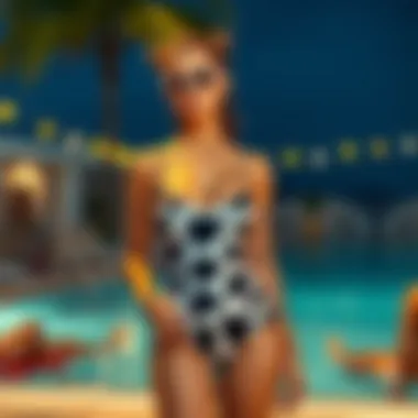 Fashion-forward individual wearing a cow pattern swimsuit at a pool party