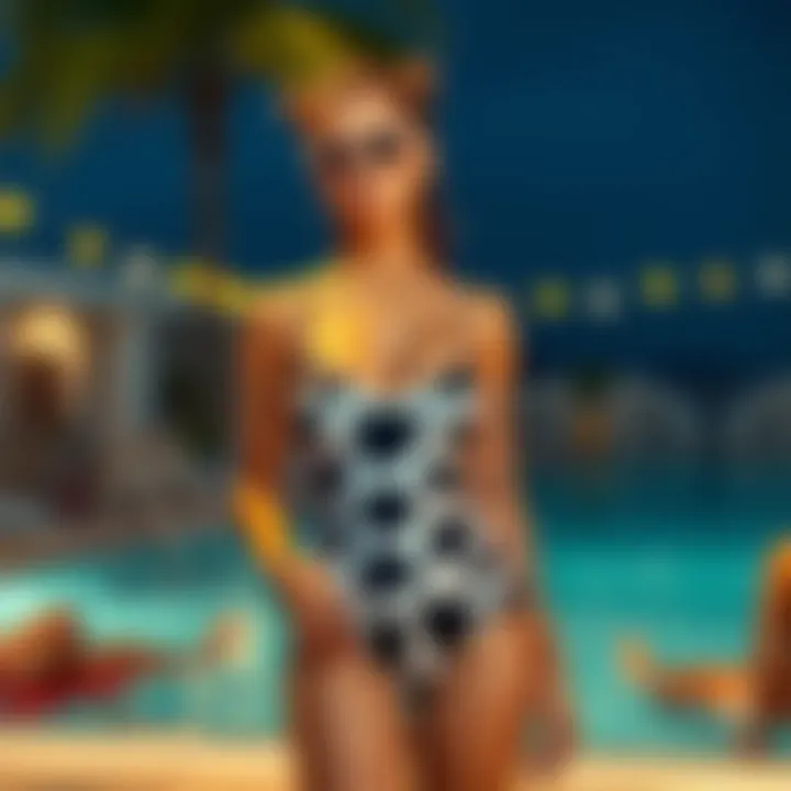 Fashion-forward individual wearing a cow pattern swimsuit at a pool party