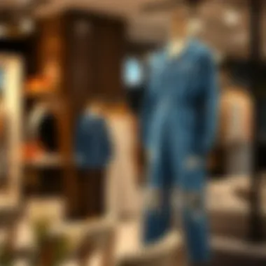 Chic Display of Distressed Denim Jumpsuit A styled distressed denim jumpsuit displayed on a mannequin in a chic setting