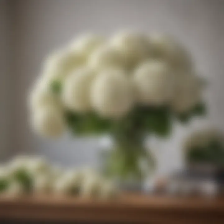 Eco-friendly display of white faux hydrangeas promoting sustainable decor