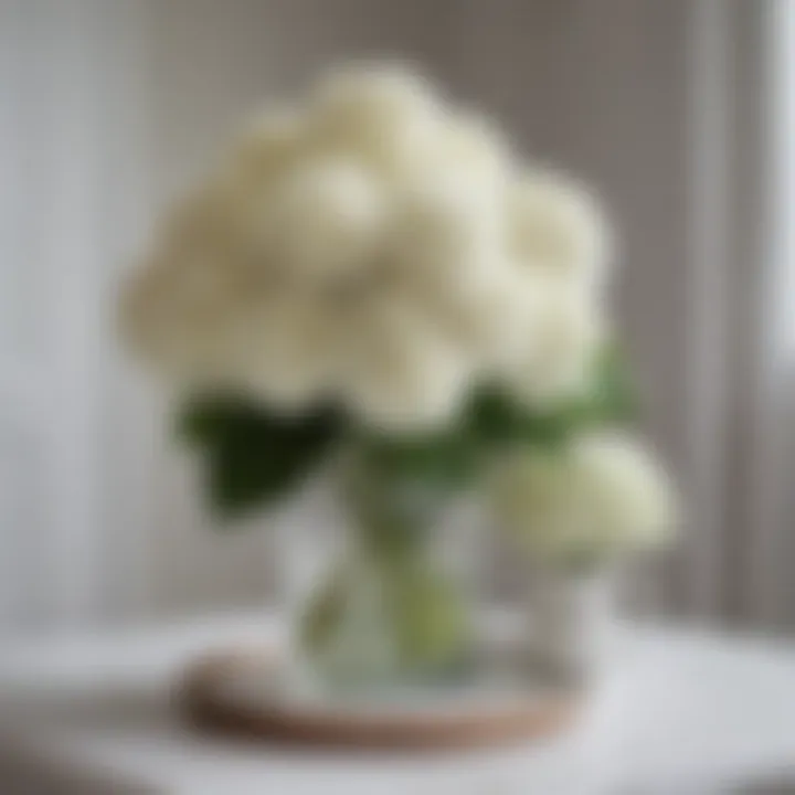 Stylish interior featuring white faux hydrangeas in various decor settings