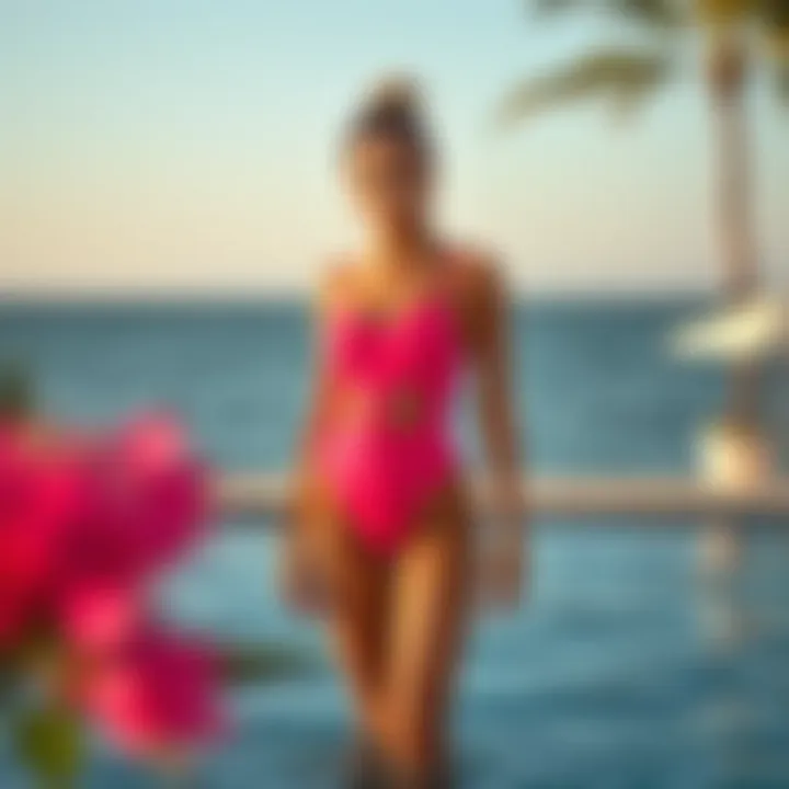 A serene setting highlighting sustainable swimwear choices, featuring a neon pink one piece swimsuit
