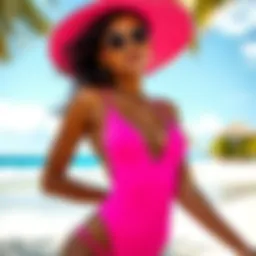 A striking neon pink one piece swimsuit showcased against a tropical beach backdrop
