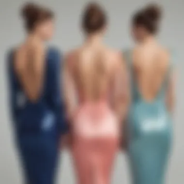 A collection of contemporary plunging backless dresses in various colors