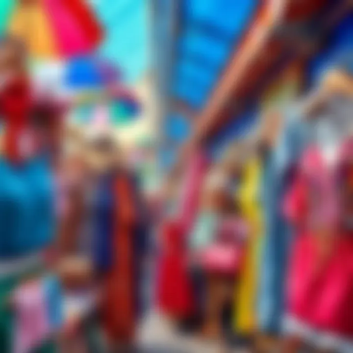 Colorful Summer Attire Showcase An array of humorous summer attire displayed in a colorful market