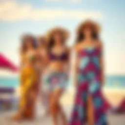 A vibrant beach scene showcasing playful summer outfits with bold prints