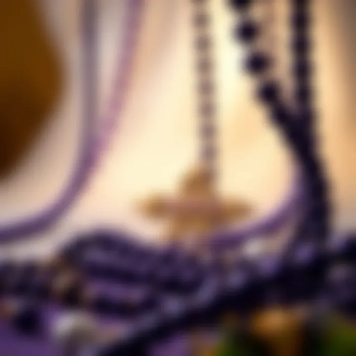 Artistic arrangement of purple beads with symbolic elements