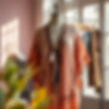 A beautifully draped summer kimono cardigan displayed on a mannequin in a sunlit room, showcasing its flowy fabric and intricate patterns.