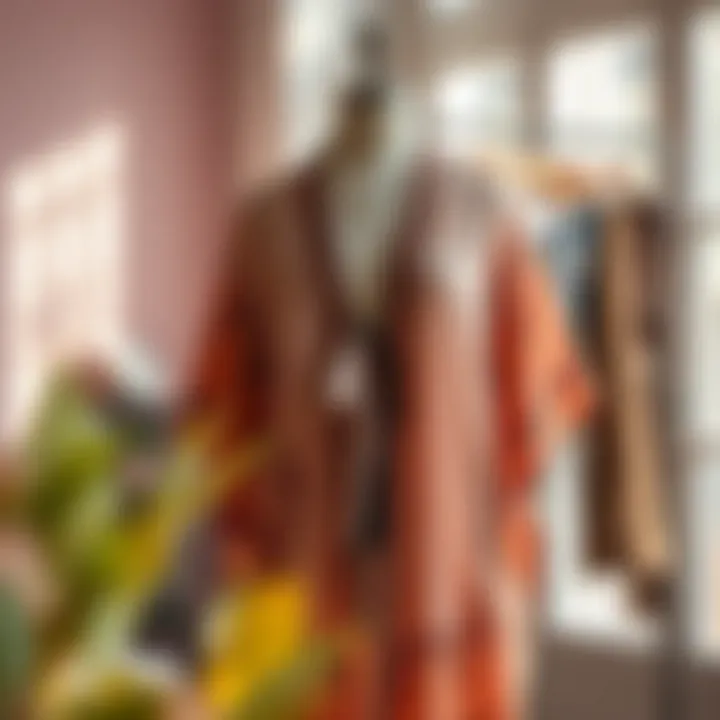 A beautifully draped summer kimono cardigan displayed on a mannequin in a sunlit room, showcasing its flowy fabric and intricate patterns.