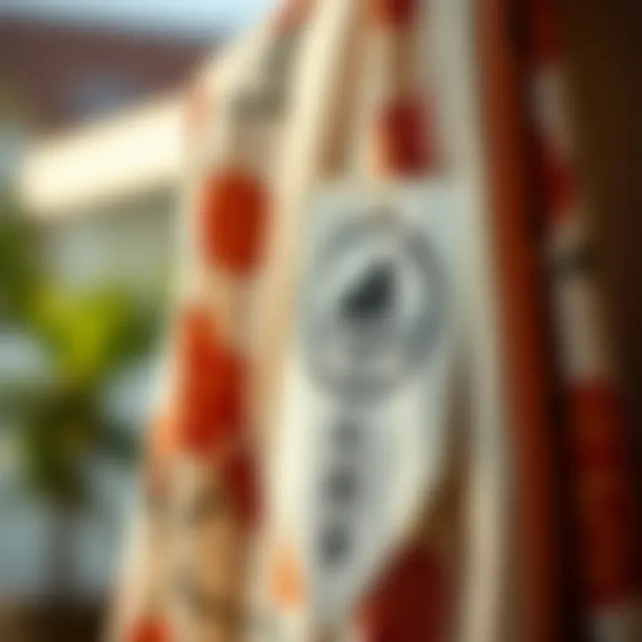 An eco-friendly design label attached to a kimono cardigan, emphasizing sustainable fashion practices in contemporary clothing.