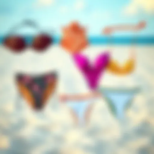 Diverse Styles of Thong Bikinis A vibrant collection of thong bikini styles displayed on a sandy beach.