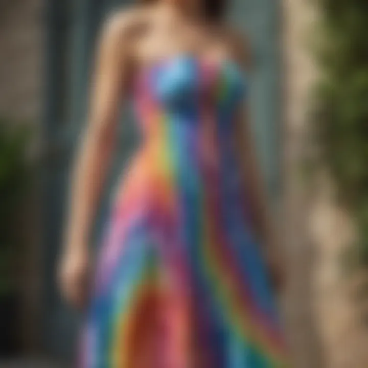 Vibrant tie dye patterns on a strapless maxi dress