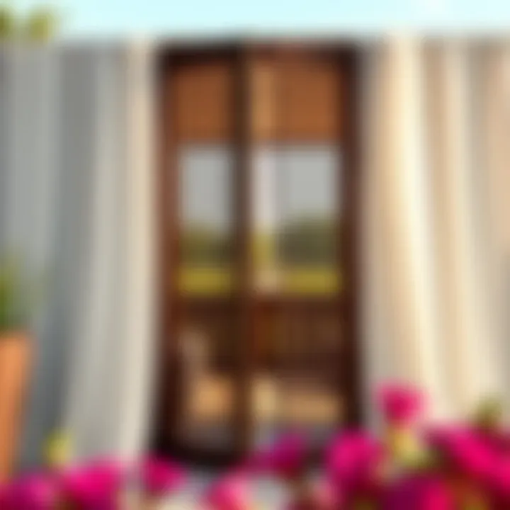 A serene outdoor setting with mesh net door curtains creating a seamless transition