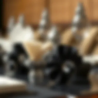 Artistic display of various materials used in black napkin ring holders