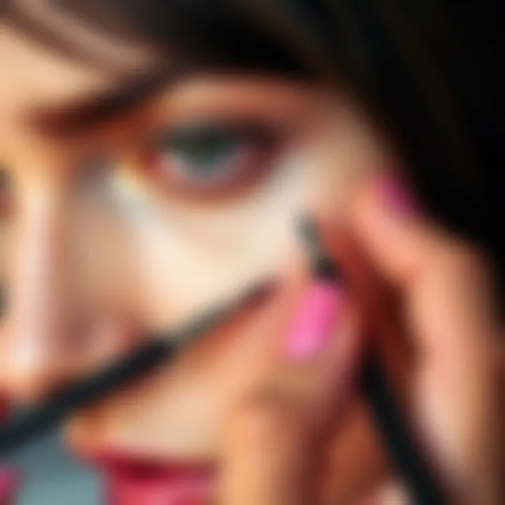 A close-up of an artist applying colored eyeliner with precision.