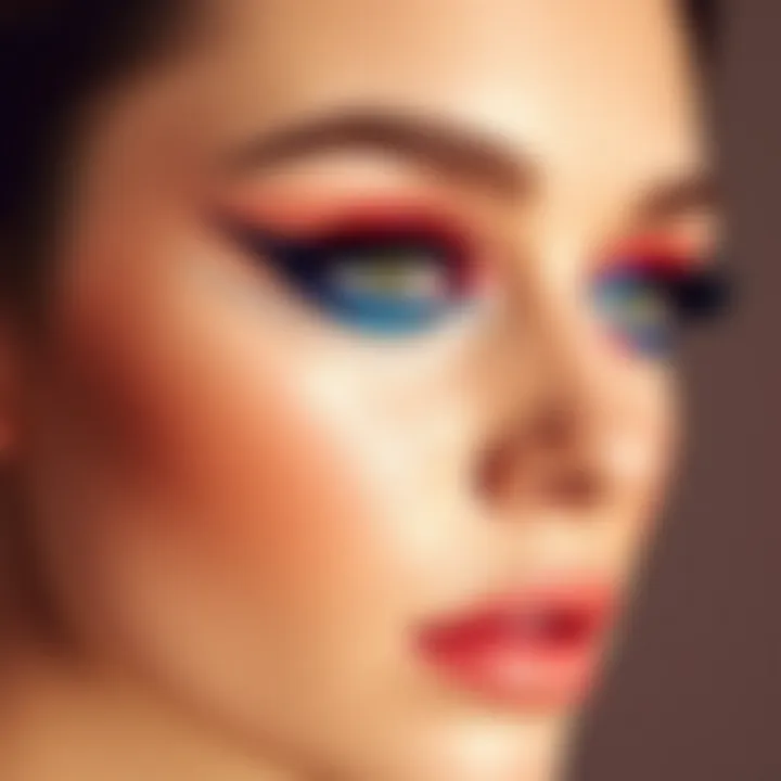A fashionable look showcasing bold colored eyeliner in a creative makeup design.