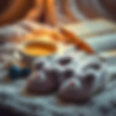 A cozy setting featuring stuffed animal slippers next to a warm beverage and a book