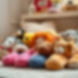 A vibrant collection of plush animal slippers arranged on a soft rug