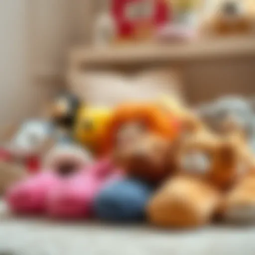 A vibrant collection of plush animal slippers arranged on a soft rug