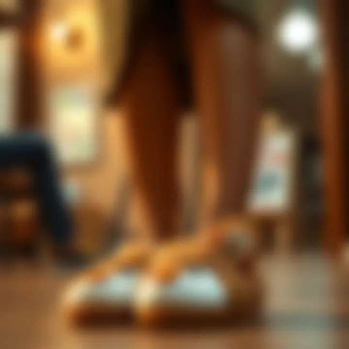 Stylish individual showcasing various styling tips with stuffed animal slippers