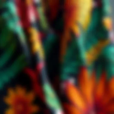 Detailed View of Tropical Fabric Designs Close-up of vibrant tropical fabric patterns