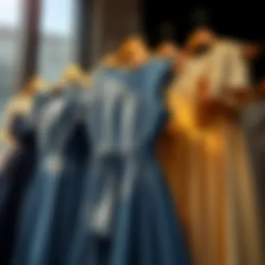 Various fabric types used in jean blue dresses showcased together.
