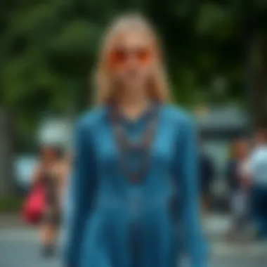 A collection of accessories paired with a jean blue dress for different occasions.