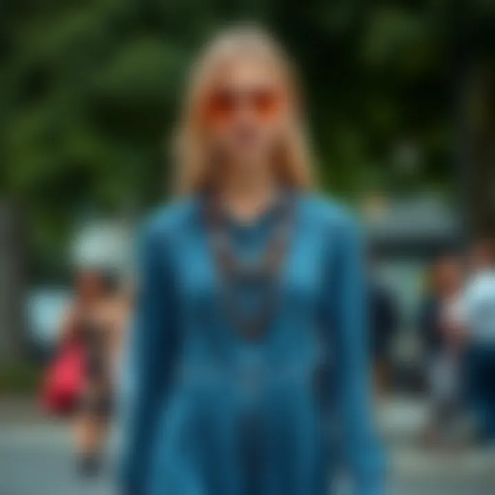 A collection of accessories paired with a jean blue dress for different occasions.