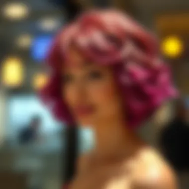 Vibrant short curly hair wig with playful bangs styled elegantly.