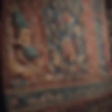 Close-up of the craftsmanship detailing on a vintage wall tapestry.