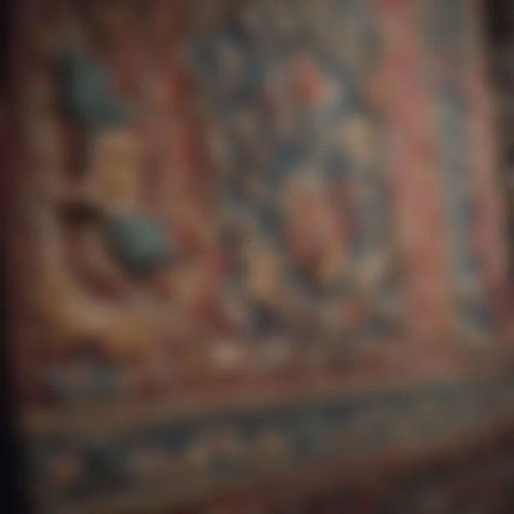 Close-up of the craftsmanship detailing on a vintage wall tapestry.
