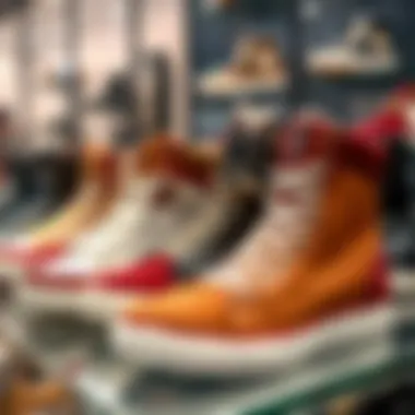 Different styles of high top sneakers with zippers arranged on a showcase