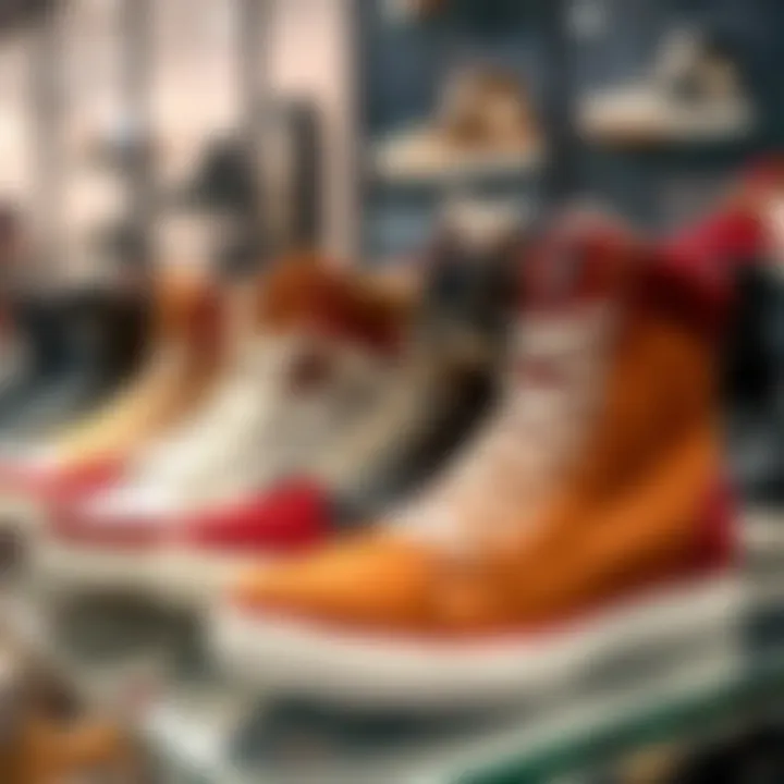 Different styles of high top sneakers with zippers arranged on a showcase