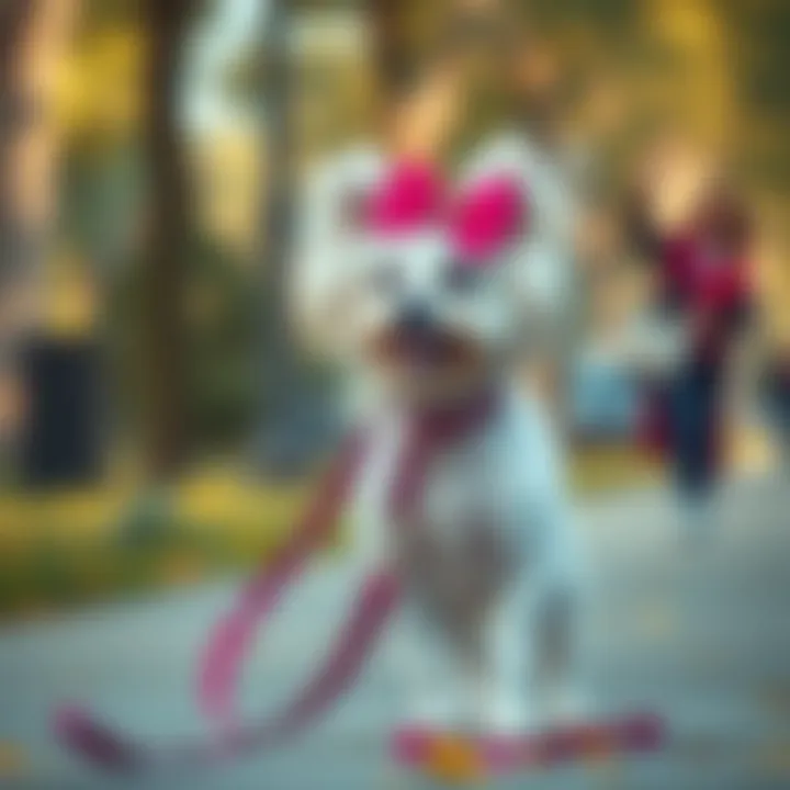 A fashionable dog wearing a Hello Kitty leash during a walk