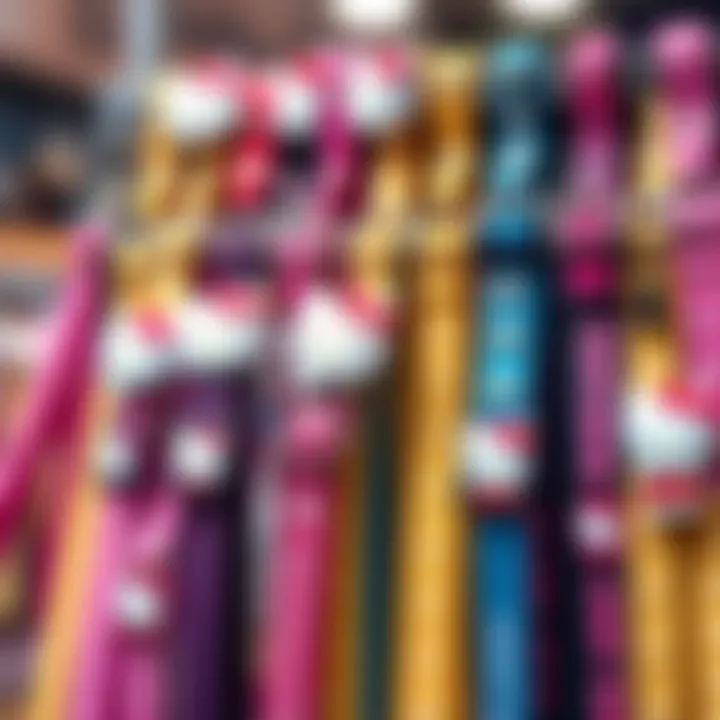 A collection of colorful Hello Kitty dog leashes on display
