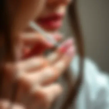 Close-up of a person applying fingernail polish strips with precision and care