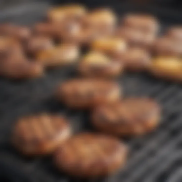 Close-up of food placed on a non-stick barbeque grill mat, demonstrating its usability