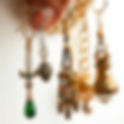 A close-up of intricate hanging nail charms showcasing various designs