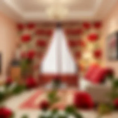 Living room styled with red rose curtains and decor